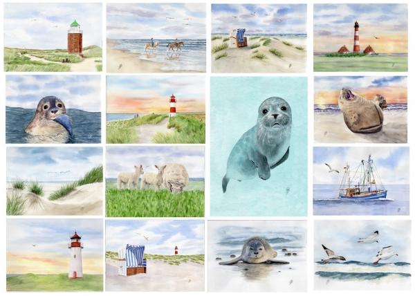 15 postcards different art postcards North Sea lighthouse Westerhever Jever beach sunset sea dune seal dyke sheep - watercolor